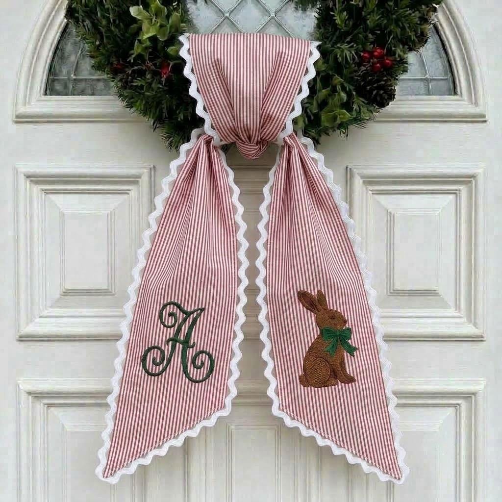 Personalized Easter Wreath Sash with Embroidered Bunny, Striped Spring Door Bow, Custom Monogram Door Hanger, Ric Rac Sash