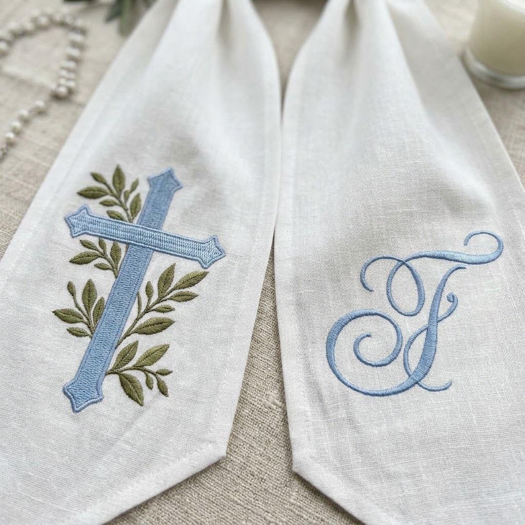 Custom Embroidered Blue Cross Wreath Sash Monogram First Communion Ribbon Baptism Decor Christian Linen Gift