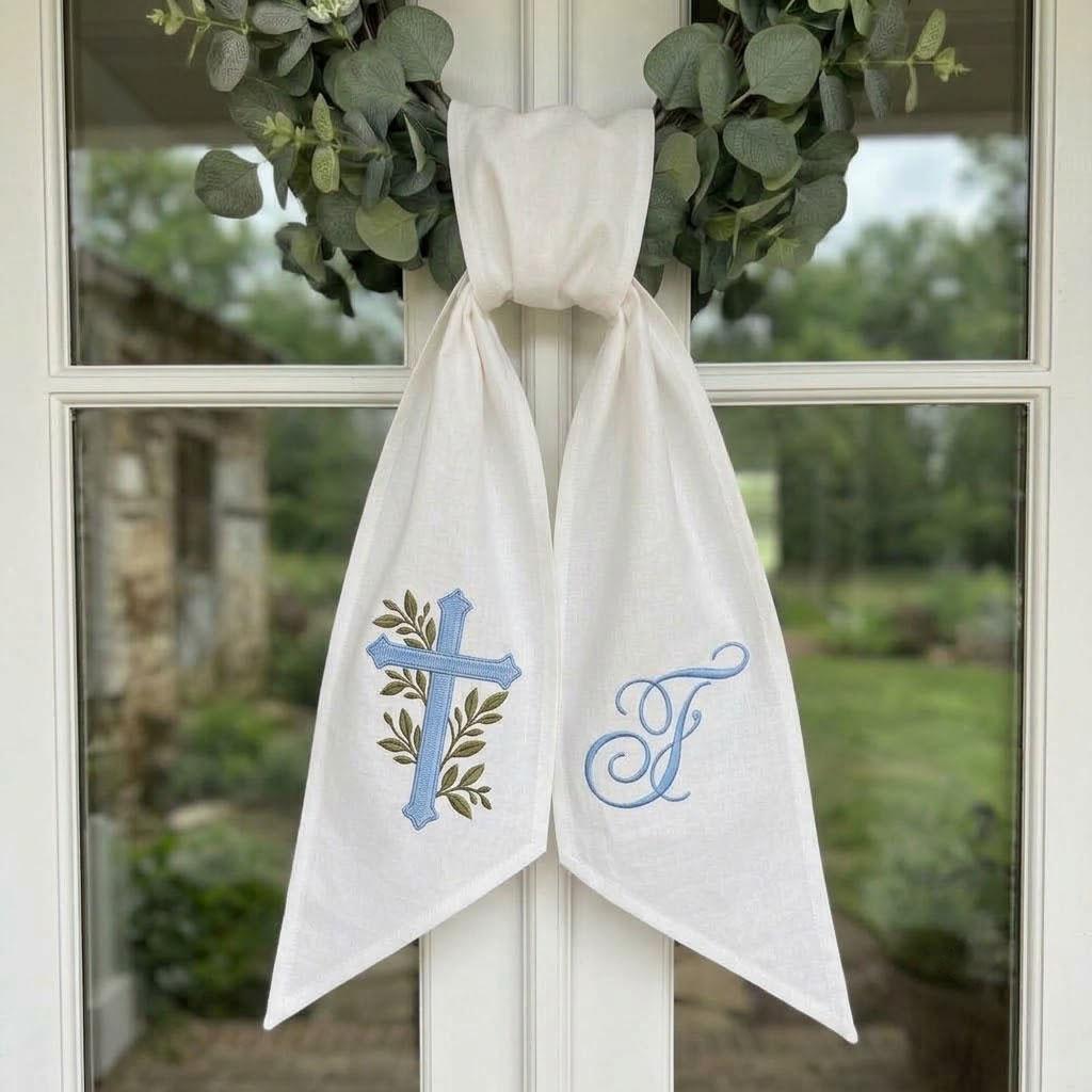 Custom Embroidered Blue Cross Wreath Sash Monogram First Communion Ribbon Baptism Decor Christian Linen Gift