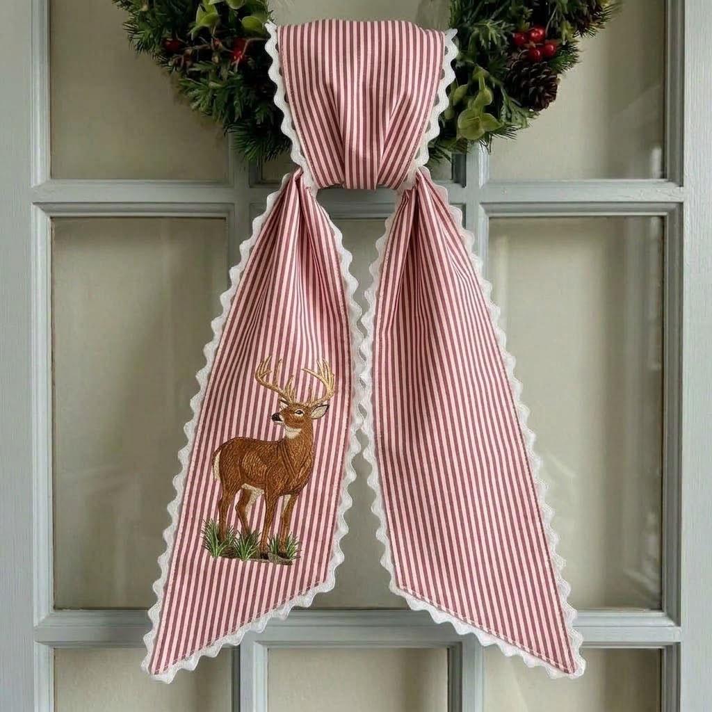 Embroidered Deer Wreath Sash, Striped Christmas Wreath Bow with Scalloped Edge, Woodland Holiday Door Decor, Rustic Winter Decor