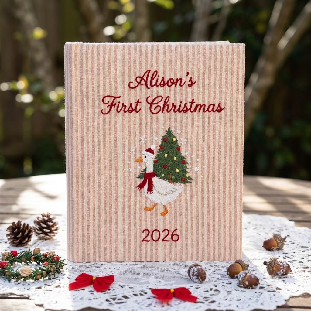 Embroidered Baby First Christmas Photo Album, Custom Name Newborn Keepsake, Christmas Goose Memory Book