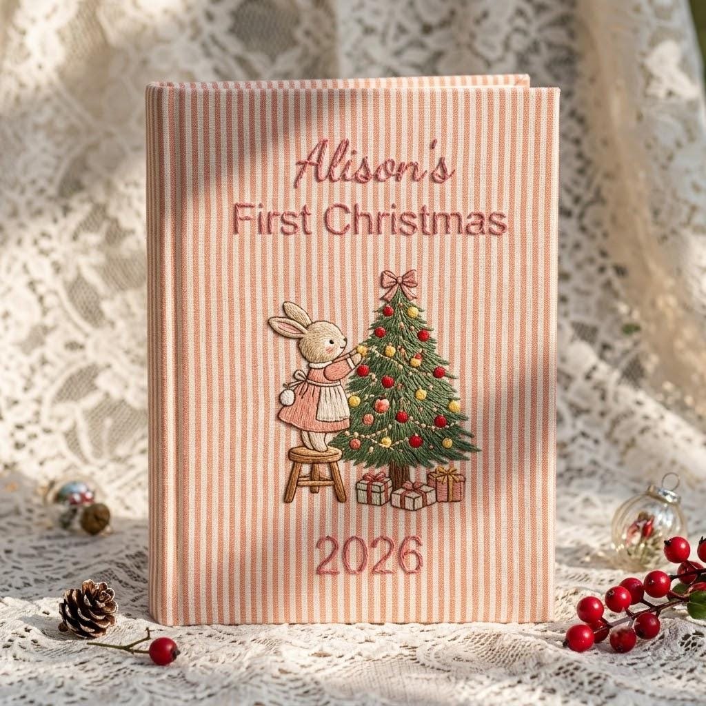 Embroidered Baby First Christmas Photo Album, Custom Name Baby Girl Keepsake, Christmas Bunny Memory Book
