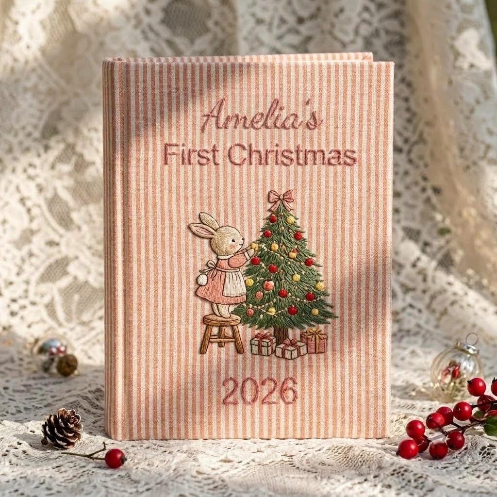 Embroidered Baby First Christmas Photo Album, Custom Name Baby Girl Keepsake, Christmas Bunny Memory Book