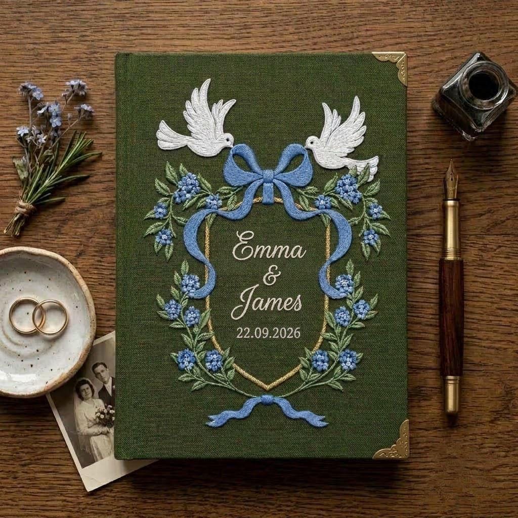 Personalized Wedding Photo Album, Embroidered Guest Book with Doves, Custom Linen Scrapbook, Bridal Shower Gift