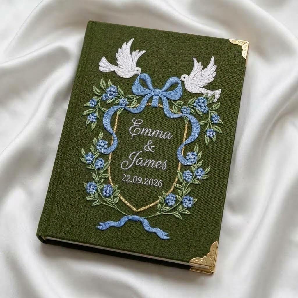 Personalized Wedding Photo Album, Embroidered Guest Book with Doves, Custom Linen Scrapbook, Bridal Shower Gift