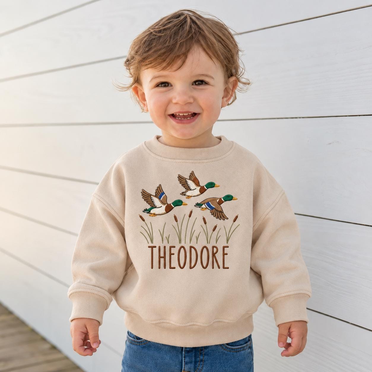Personalized Mallard Duck Toddler Sweatshirt, Custom Name Embroidered Kids Crewneck, Hunting Duck Baby Boy Gift