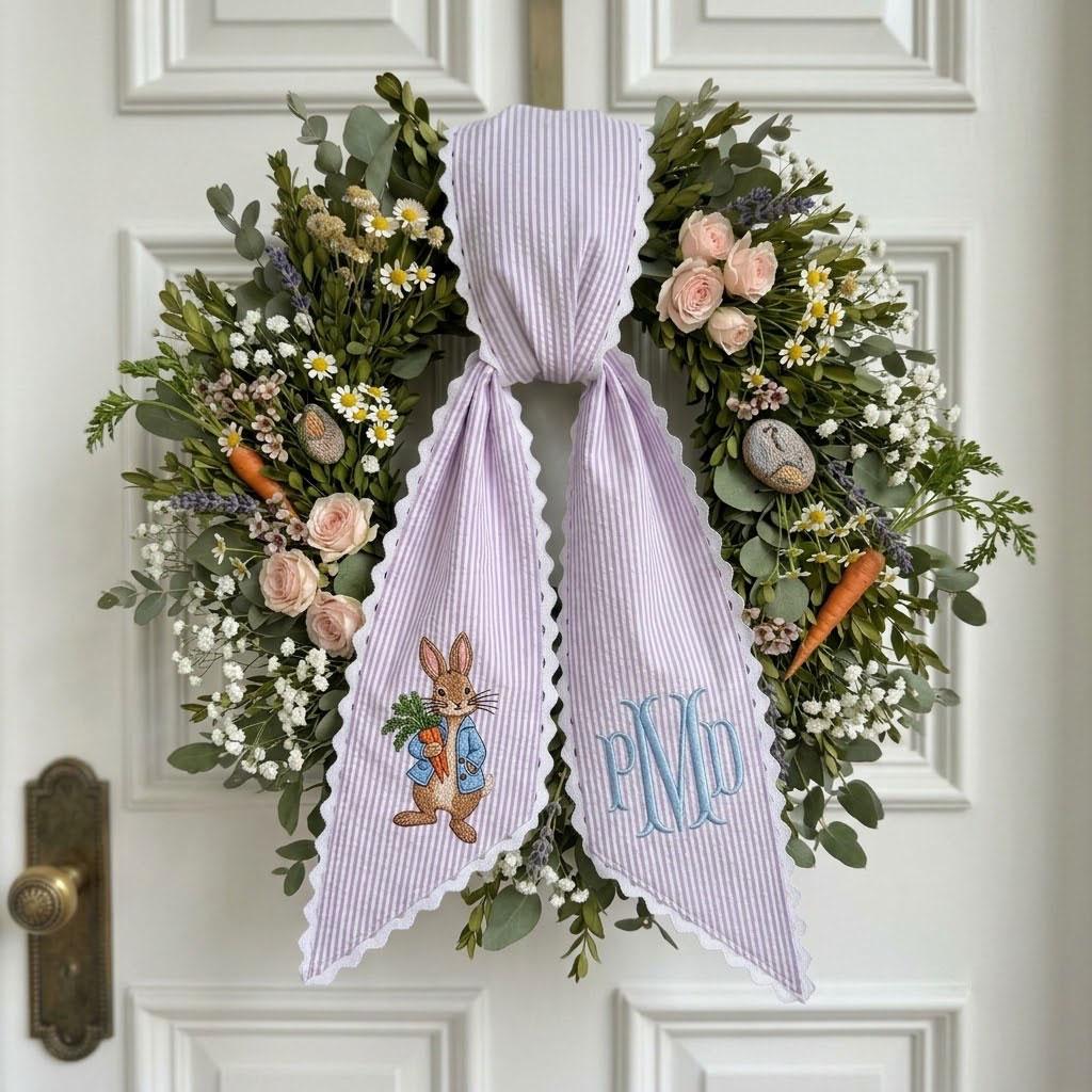 Peter Rabbit Monogram Wreath Sash, Easter Spring Door Decor, Custom Embroidered Bunny Striped Ribbon, Wreath Bow
