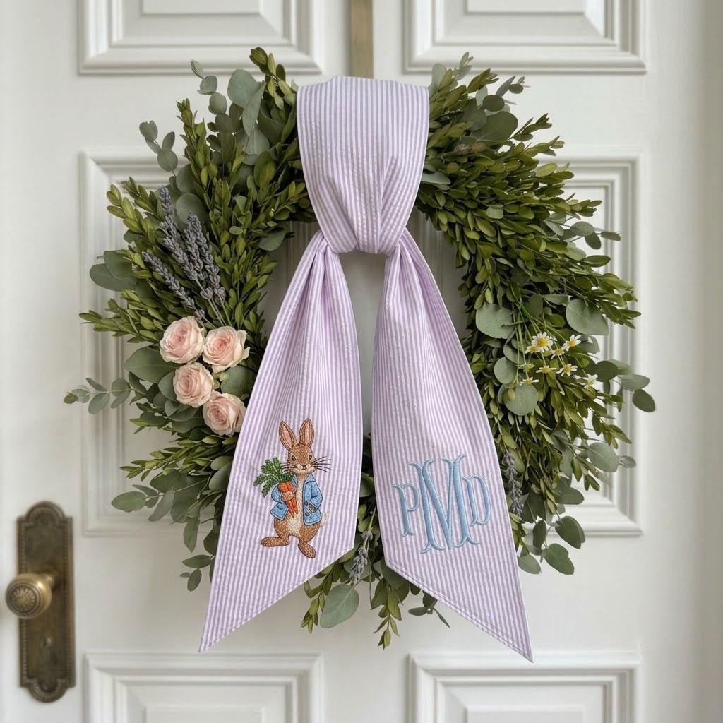 Peter Rabbit Monogram Wreath Sash, Easter Spring Door Decor, Custom Embroidered Bunny Striped Ribbon, Wreath Bow