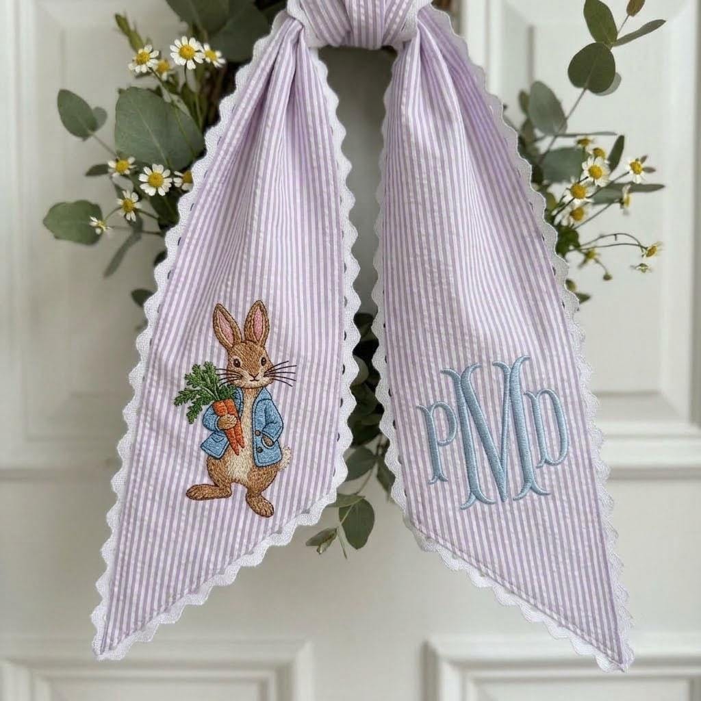 Peter Rabbit Monogram Wreath Sash, Easter Spring Door Decor, Custom Embroidered Bunny Striped Ribbon, Wreath Bow