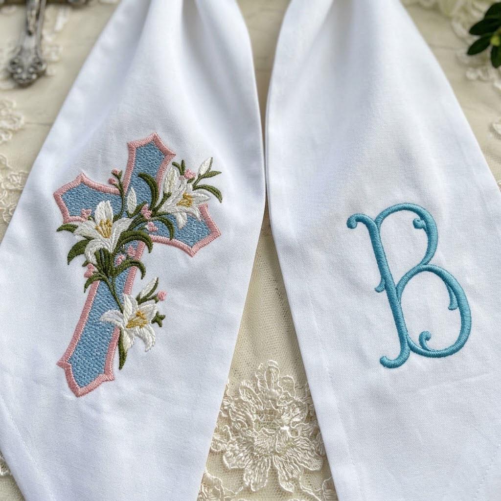 Embroidered Cross Wreath Sash, Monogram Door Hanger, Baptism Front Door Decor, Floral Cross Ribbon, Christening Gift