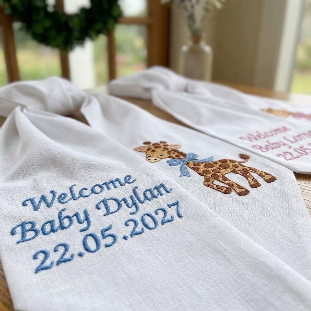Personalized Baby Wreath Sash, Embroidered Giraffe Welcome Ribbon, Custom Baby Name Door Decor, Baby Shower Gift, Nursery