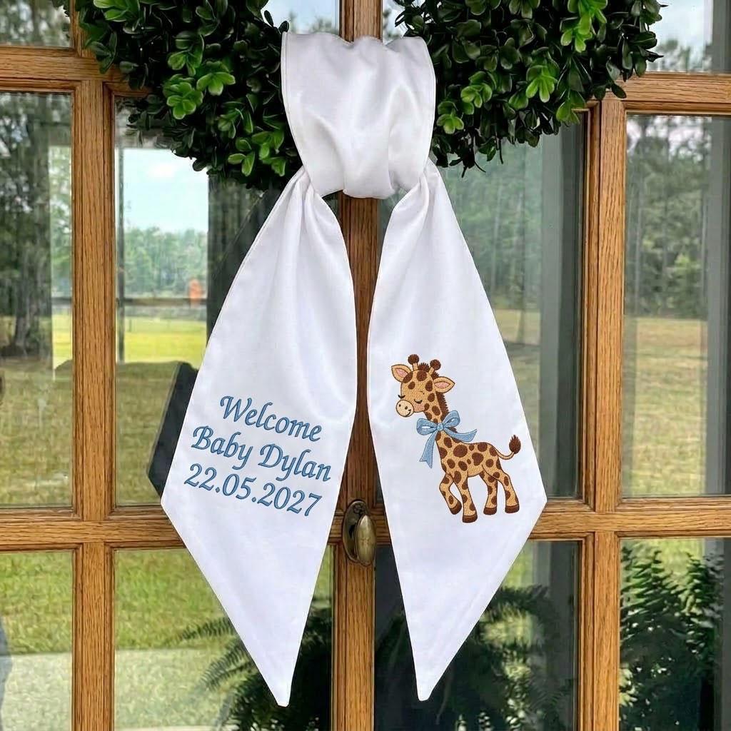 Personalized Baby Wreath Sash, Embroidered Giraffe Welcome Ribbon, Custom Baby Name Door Decor, Baby Shower Gift, Nursery