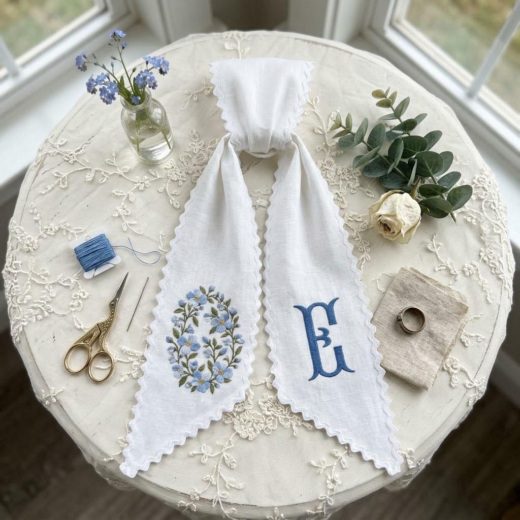 Custom Monogram Wreath Sash, Embroidered Floral Door Bow, Forget Me Not Ribbon, Spring Front Door Decor, Wedding Gift