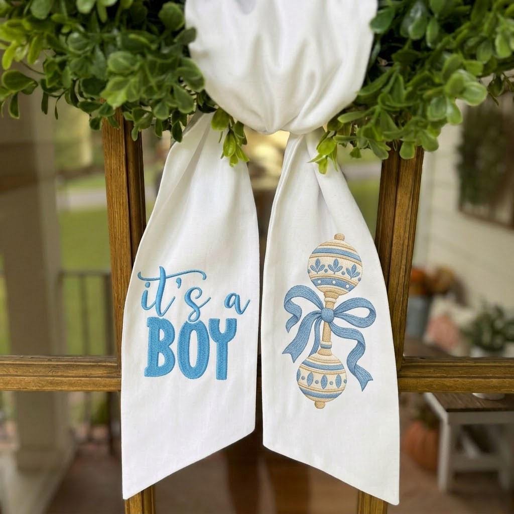It's a Boy Wreath Sash, Baby Shower Decor, Rattle Door Hanger, Welcome Baby Boy, Nursery Ribbon, Front Door Bow, Hospital Door Sash