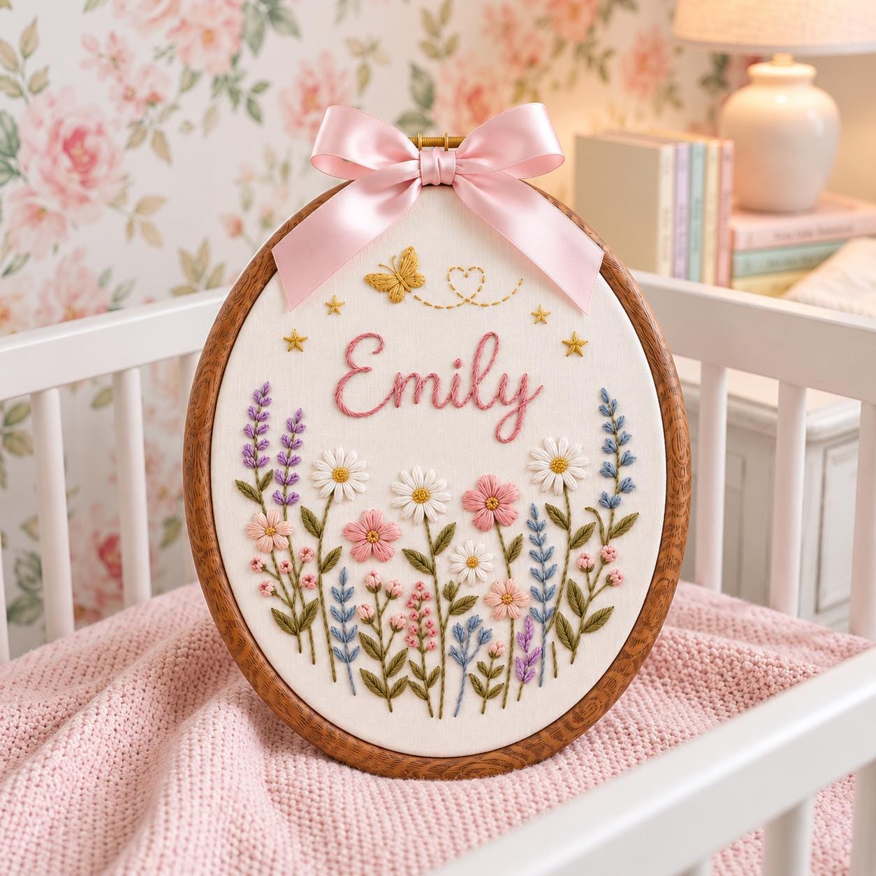 Custom Baby Name Sign, Floral Embroidered Hoop, Personalized Nursery Decor, Baby Girl Shower Gift, Flower Name Wall Art Plaque
