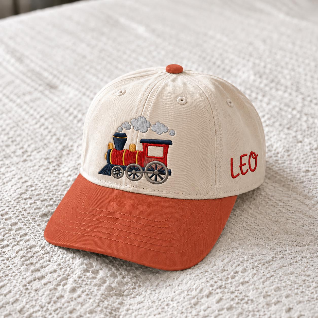 Personalized Train Toddler Hat, Custom Name Embroidered Locomotive Cap, Baby Boy Birthday Gift, First Birthday Train Hat