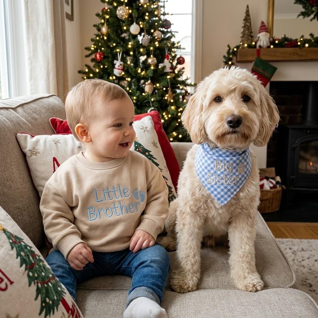 Personalized Matching Pet Sibling Set, Embroidered Paw Print Baby Crewneck & Dog Bandana, Christmas Outfit