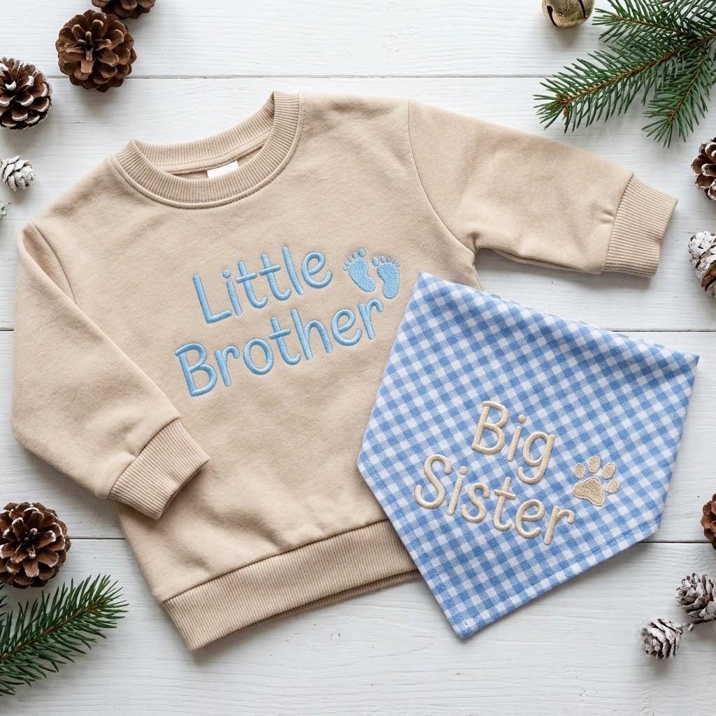 Personalized Matching Pet Sibling Set, Embroidered Paw Print Baby Crewneck & Dog Bandana, Christmas Outfit