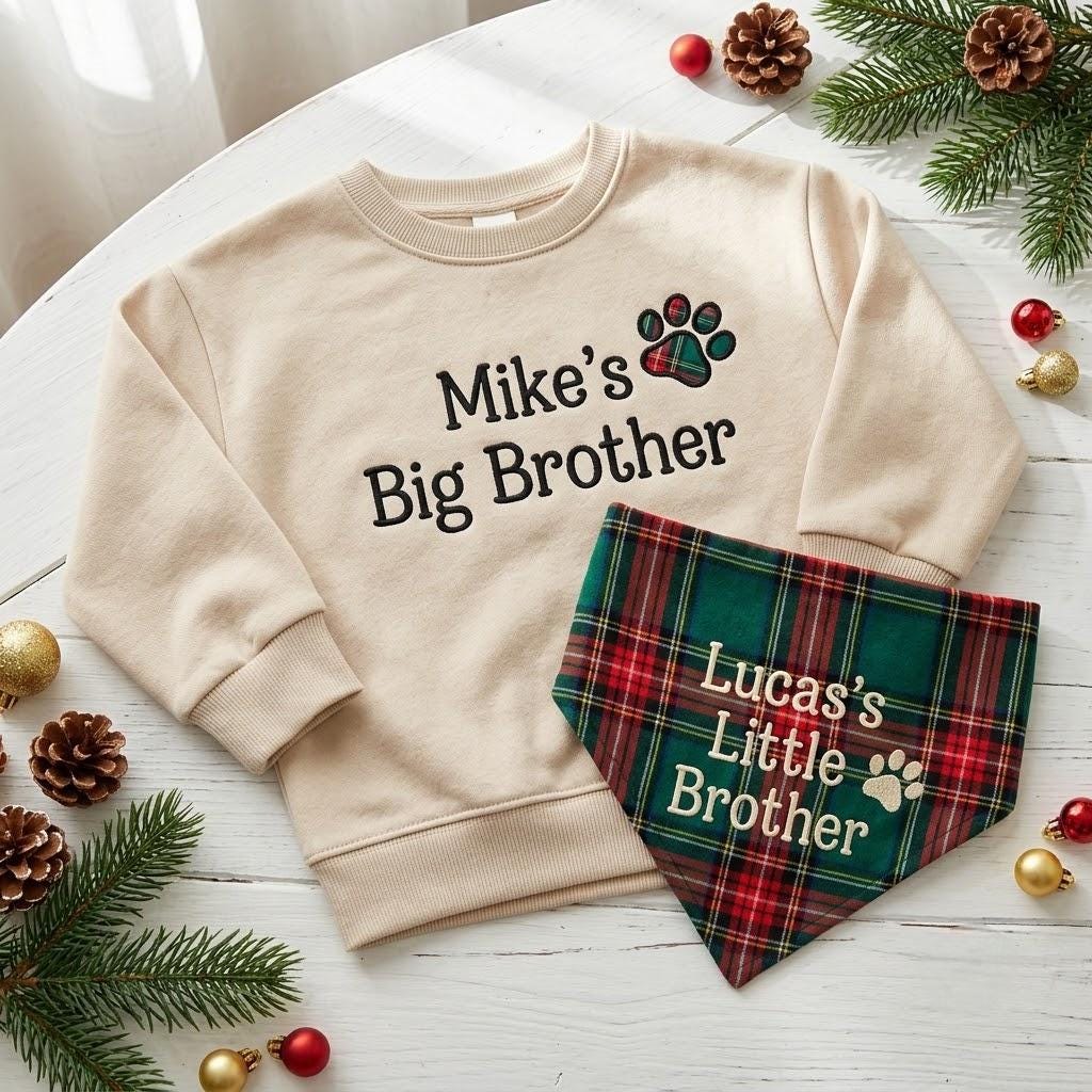 Personalized Holiday Pet Sibling Matching Set, Embroidered Plaid Paw Baby Sweater & Pet Bandana, Family Christmas Outfit