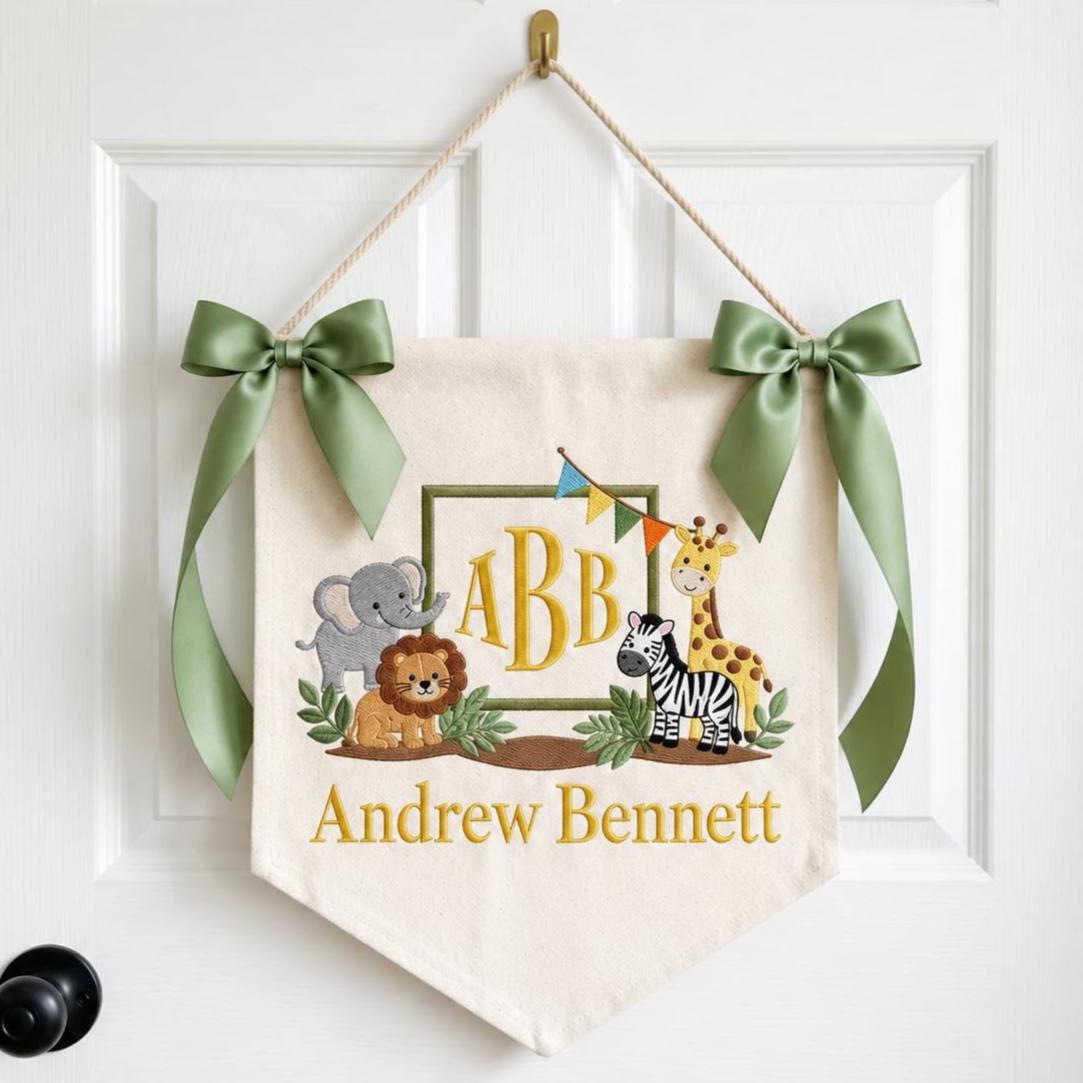 Personalized Safari Nursery Banner, Embroidered Baby Name Wall Hanging, Jungle Animal Nursery Decor, Baby Boy Shower Gift