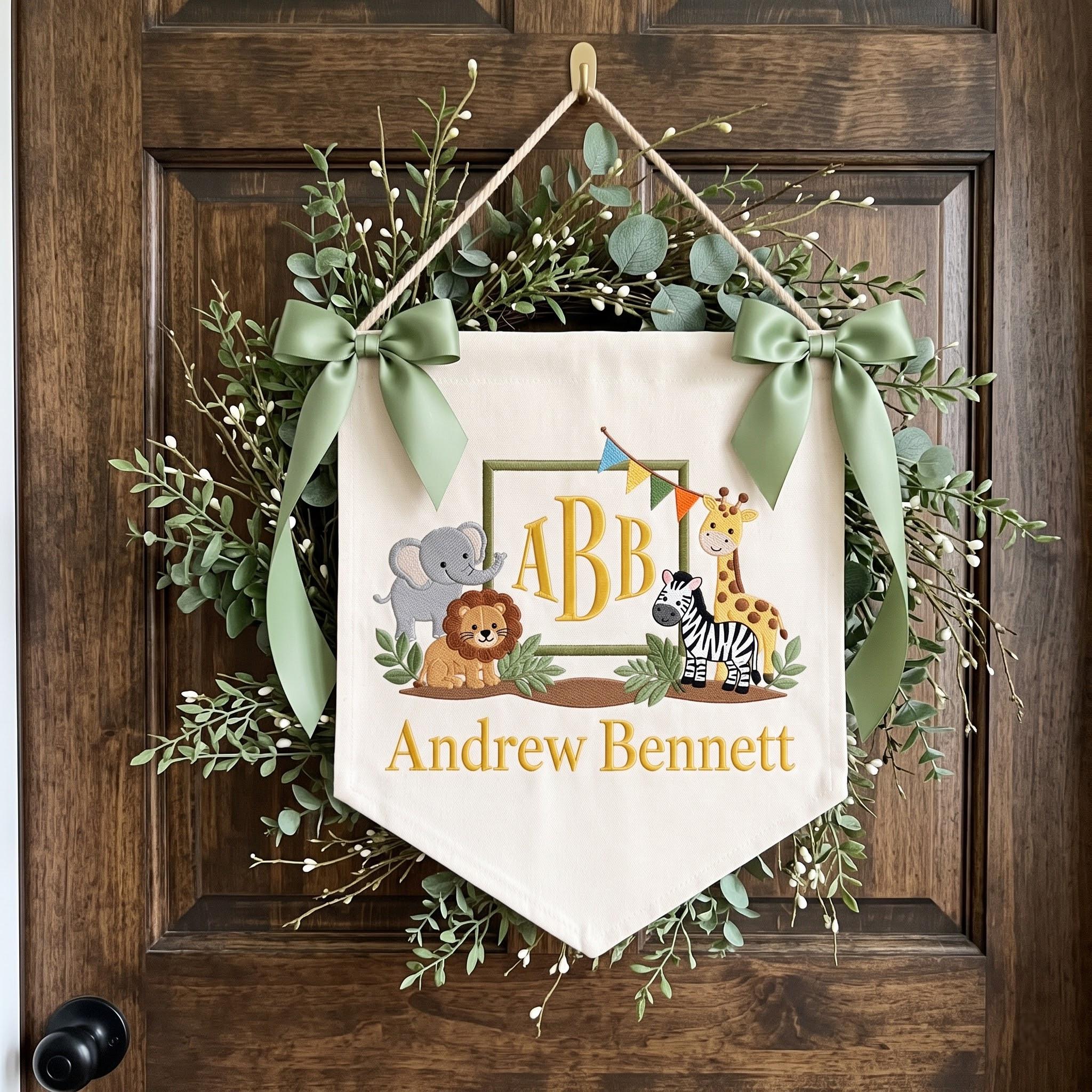 Personalized Safari Nursery Banner, Embroidered Baby Name Wall Hanging, Jungle Animal Nursery Decor, Baby Boy Shower Gift
