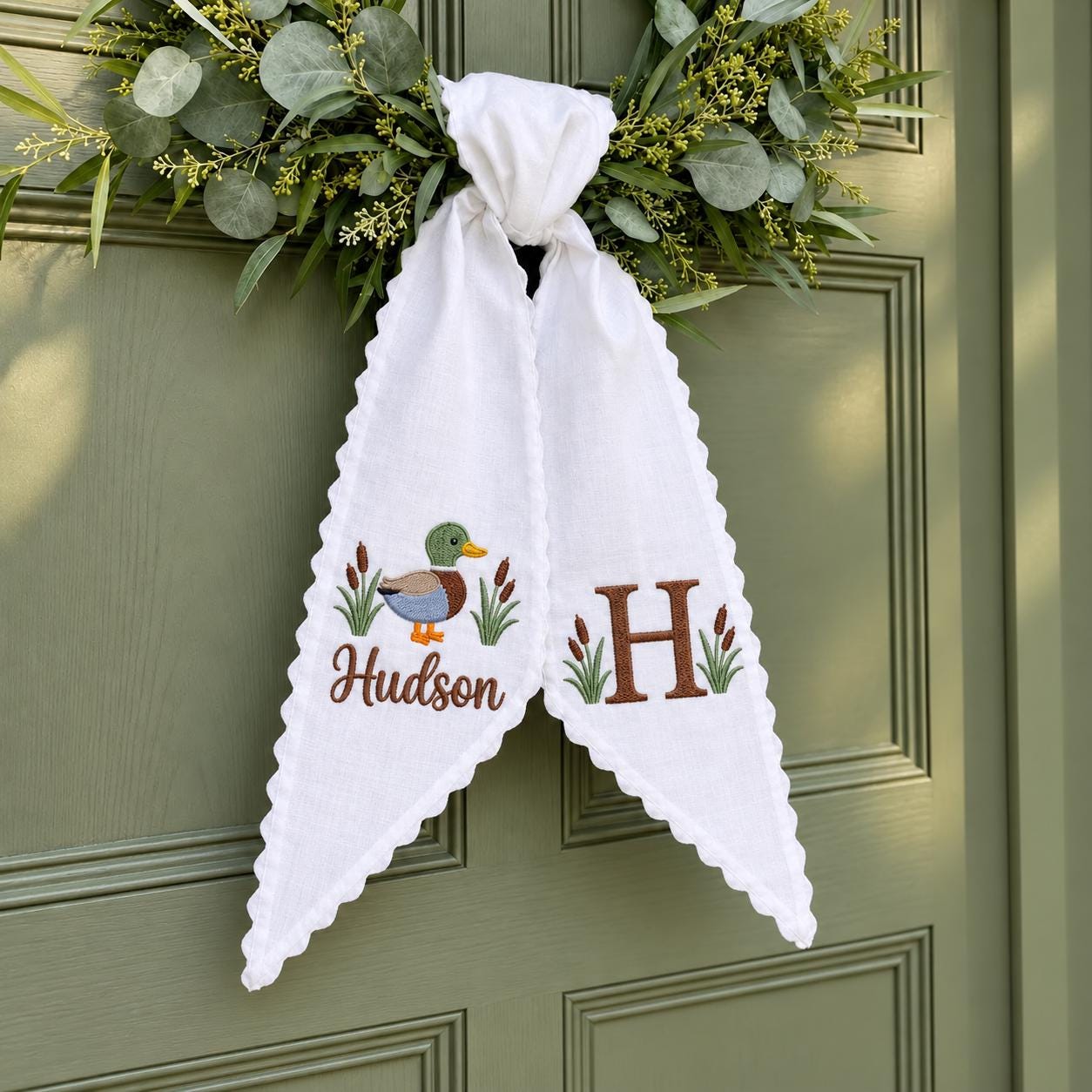 Personalized Mallard Duck Wreath Sash, Embroidered Monogram Door Bow, Custom Name Wreath Ribbon, Baby Boy Nursery Decor