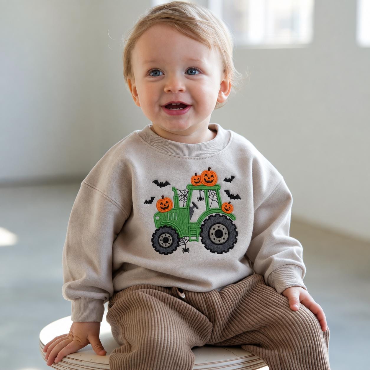 Toddler Halloween Sweatshirt, Green Tractor Pumpkin Shirt for Boys, Cute Baby Fall Pullover, Kids Spooky Season Sweater