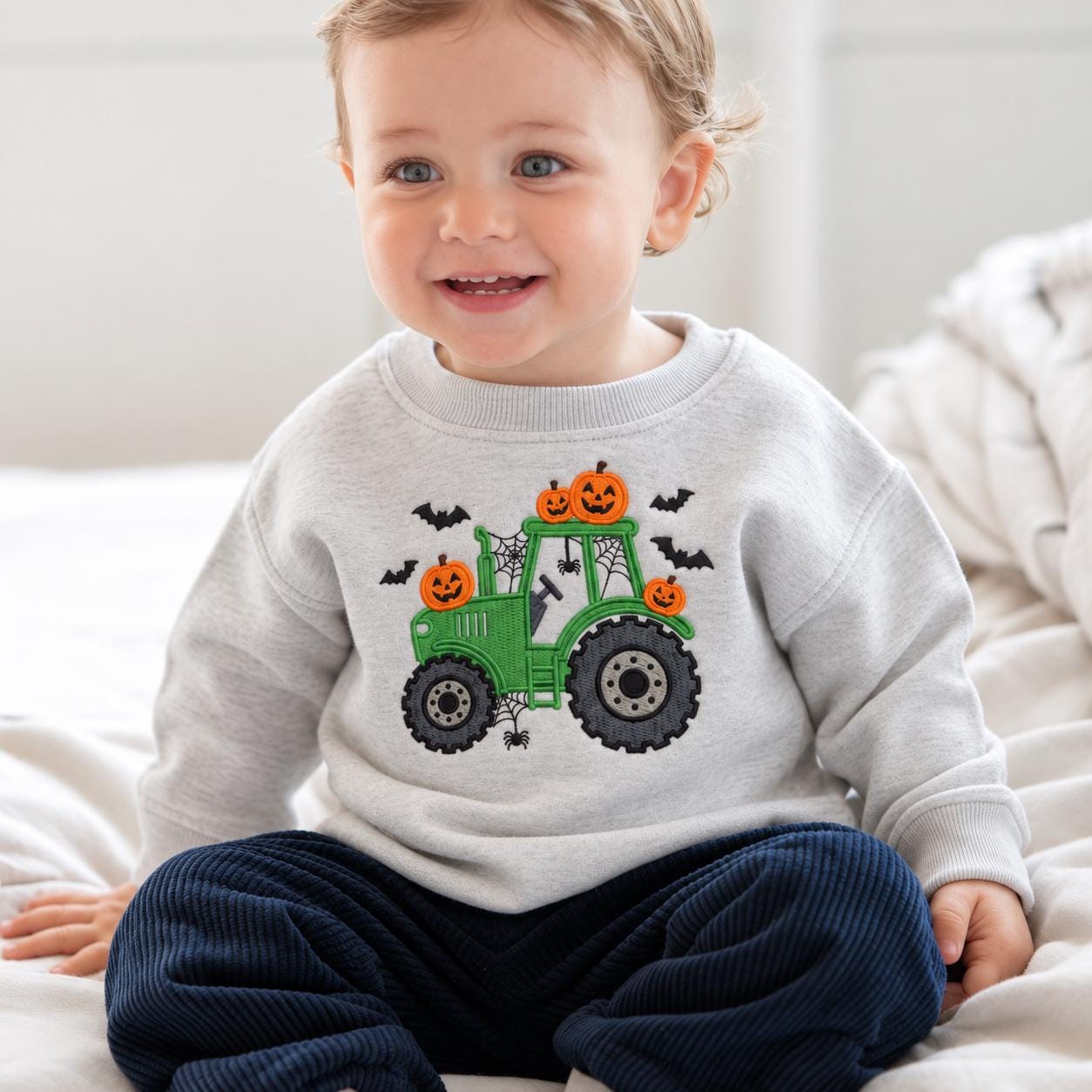 Toddler Halloween Sweatshirt, Green Tractor Pumpkin Shirt for Boys, Cute Baby Fall Pullover, Kids Spooky Season Sweater