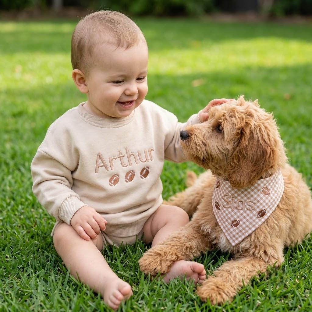 Personalized Football Pet Sibling Matching Gift, Custom Gingham Baby Sweatshirt & Dog Bandana Set, Sports Family Twinning Outfit