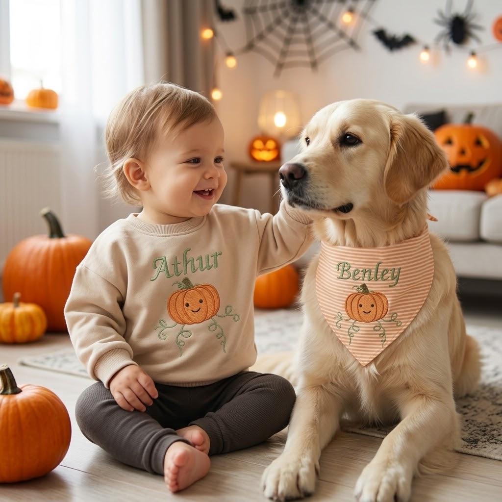 Personalized Embroidered Pumpkin Sibling Matching Set, Custom Baby Sweatshirt & Dog Bandana, Fall Gift
