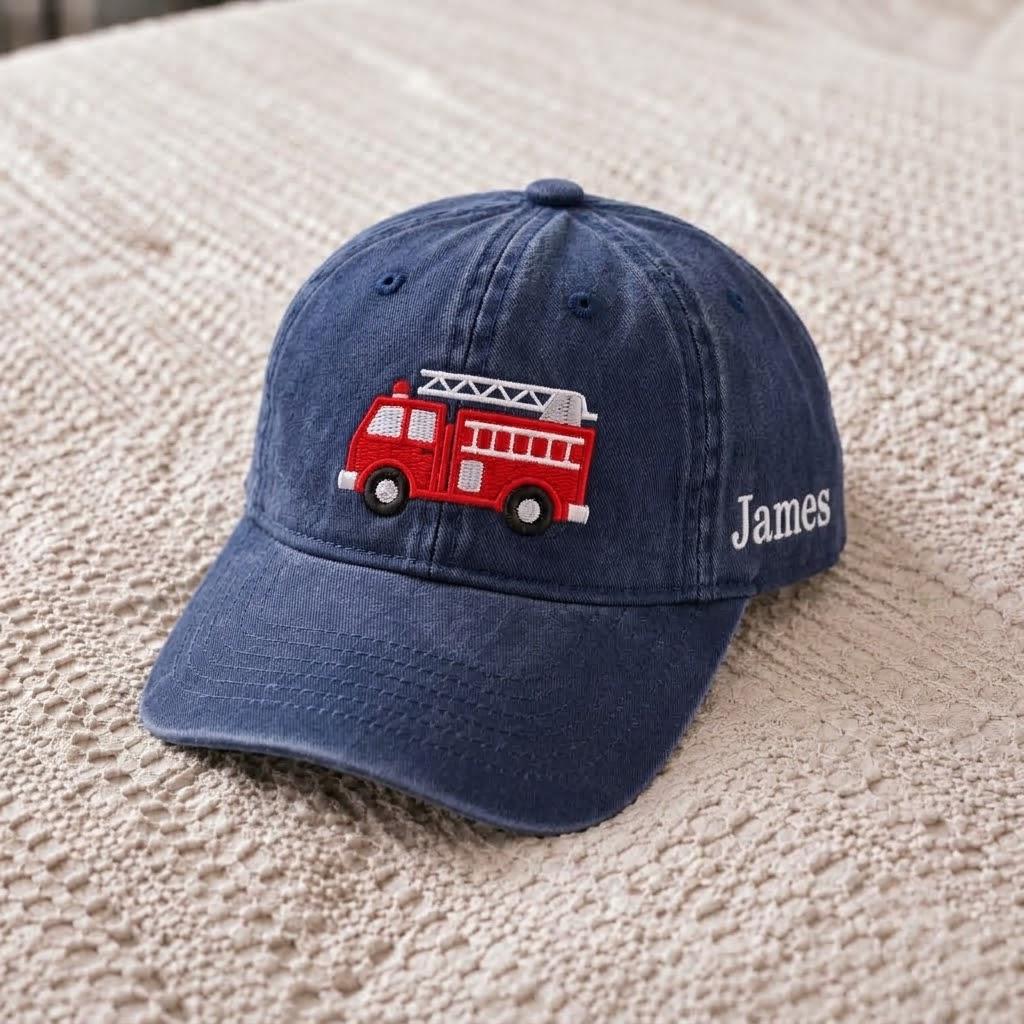 Personalized Toddler Fire Truck Hat, Embroidered Kids Baseball Cap, Custom Name Firefighter Birthday Gift for Boys