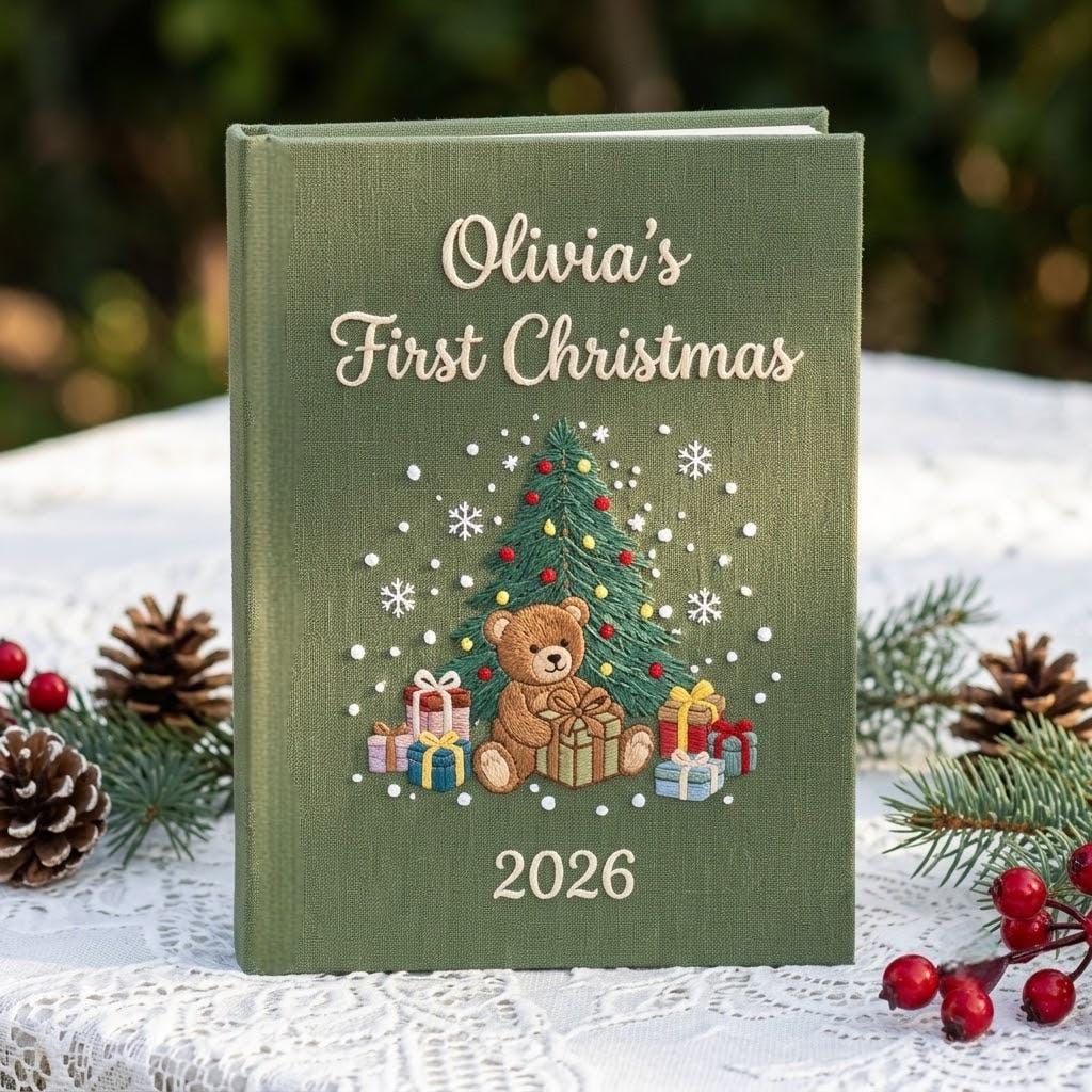 Personalized Baby’s First Christmas Photo Album, Embroidered Teddy Bear & Tree Newborn Keepsake Book