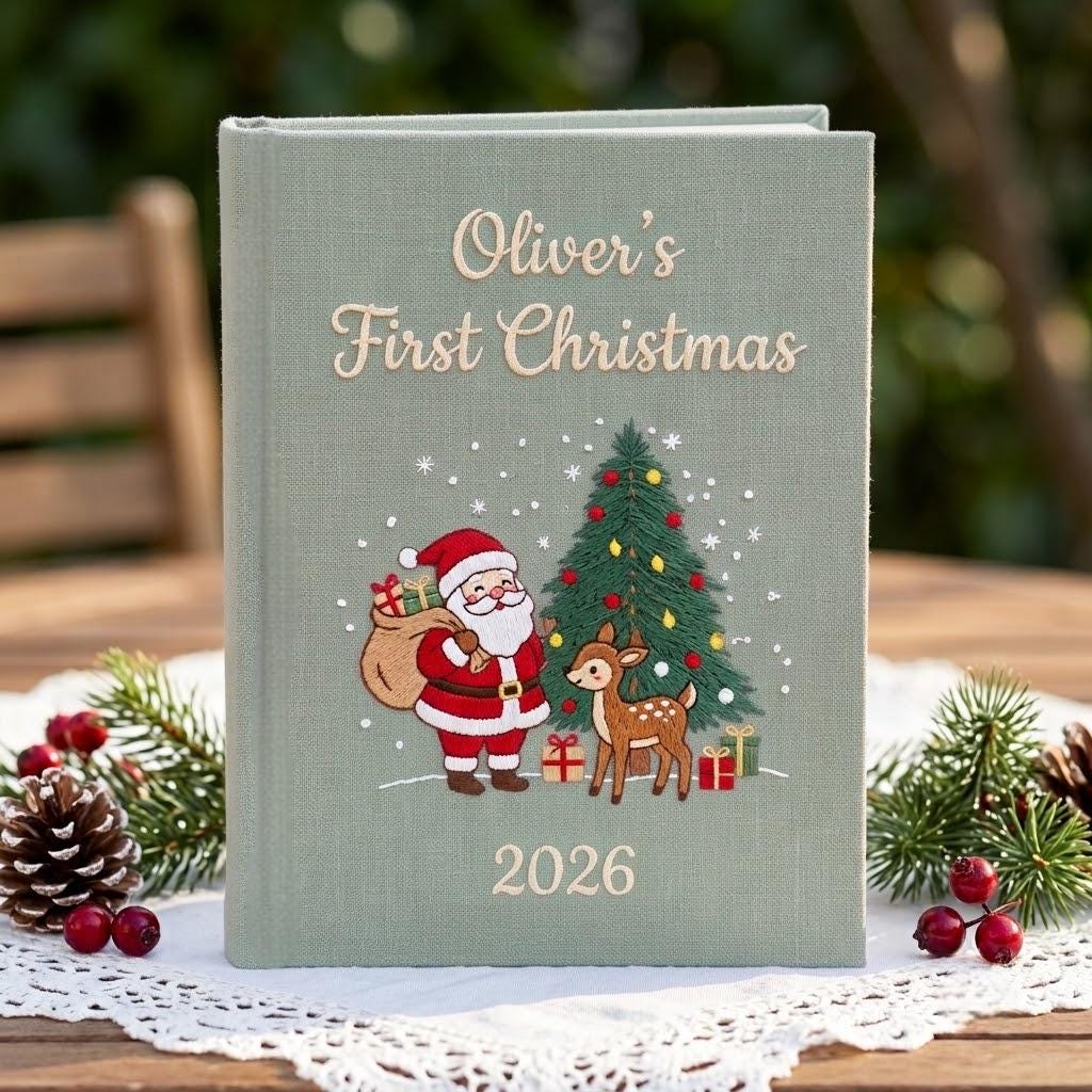 Baby First Christmas Photo Album, Personalized Newborn Keepsake Gift, Custom Name Holiday Linen Memory Book