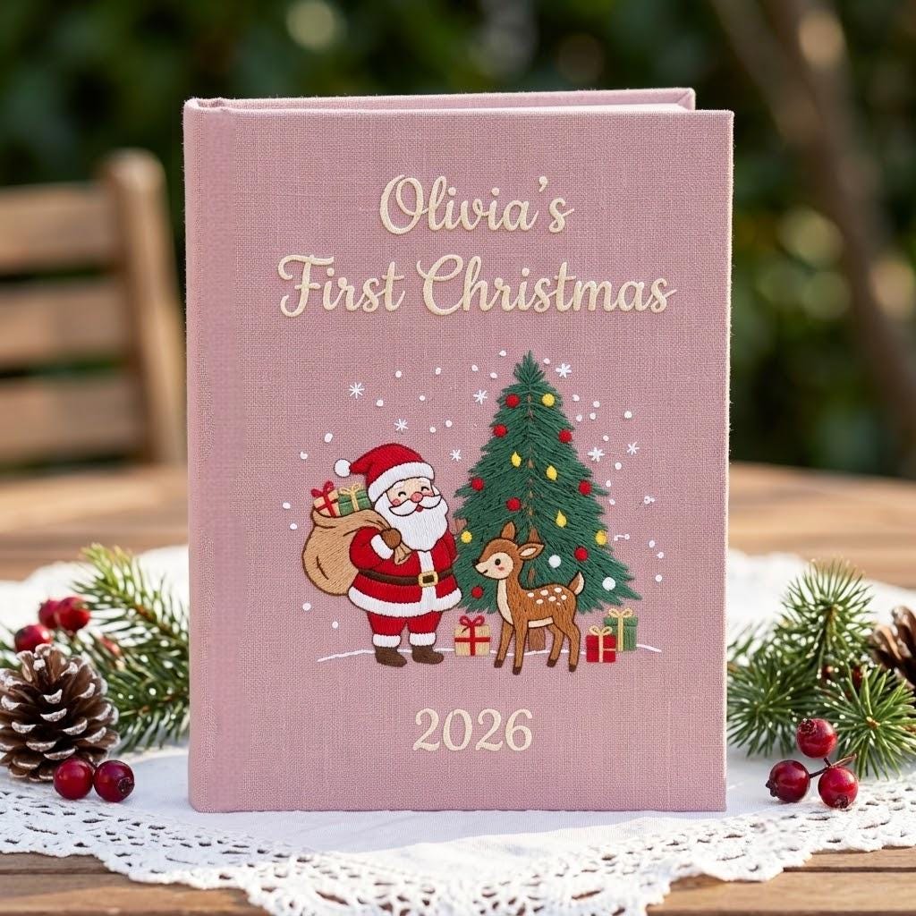 Baby First Christmas Photo Album, Personalized Newborn Keepsake Gift, Custom Name Holiday Linen Memory Book