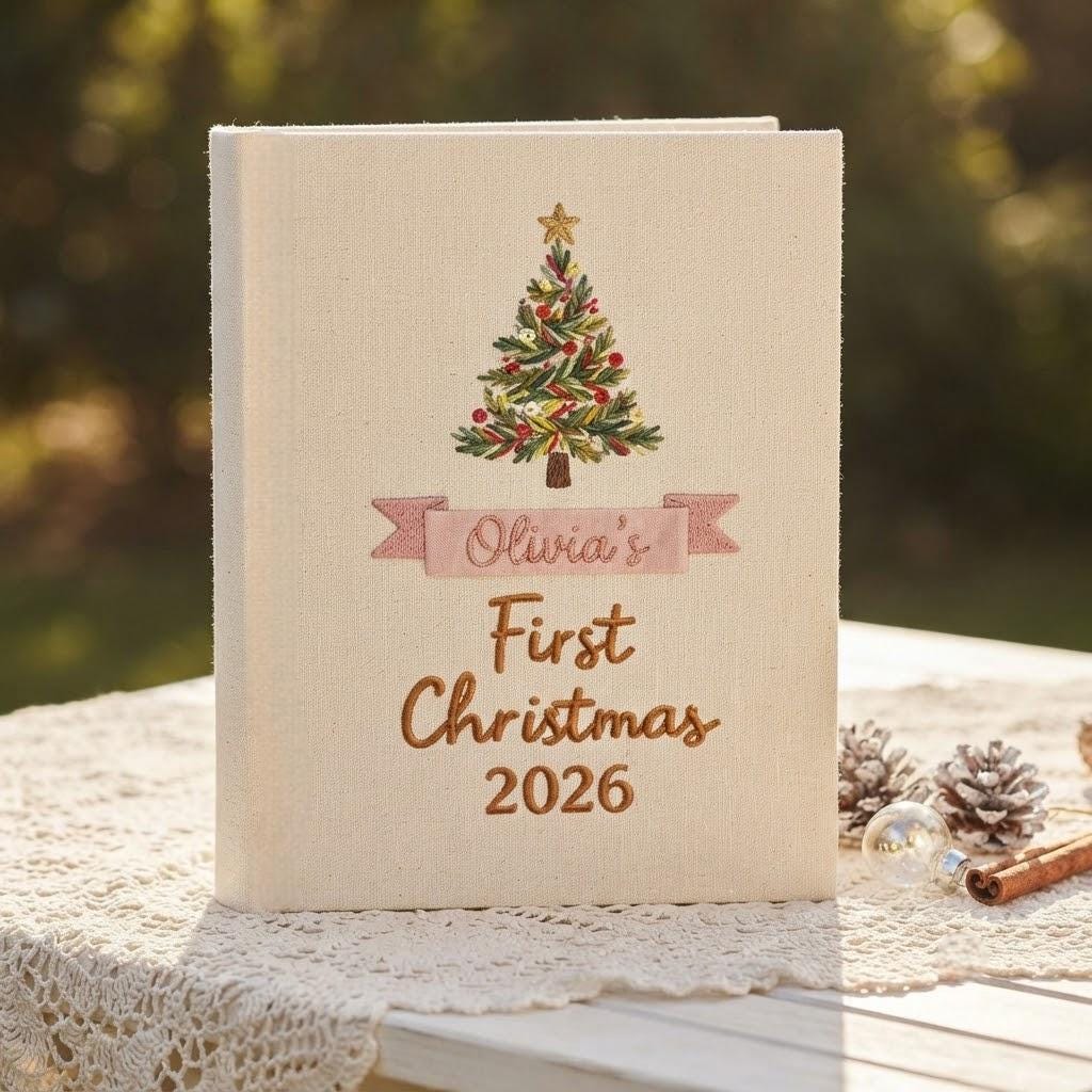 Personalized Baby’s First Christmas Photo Album, Embroidered Christmas Tree Keepsake Book