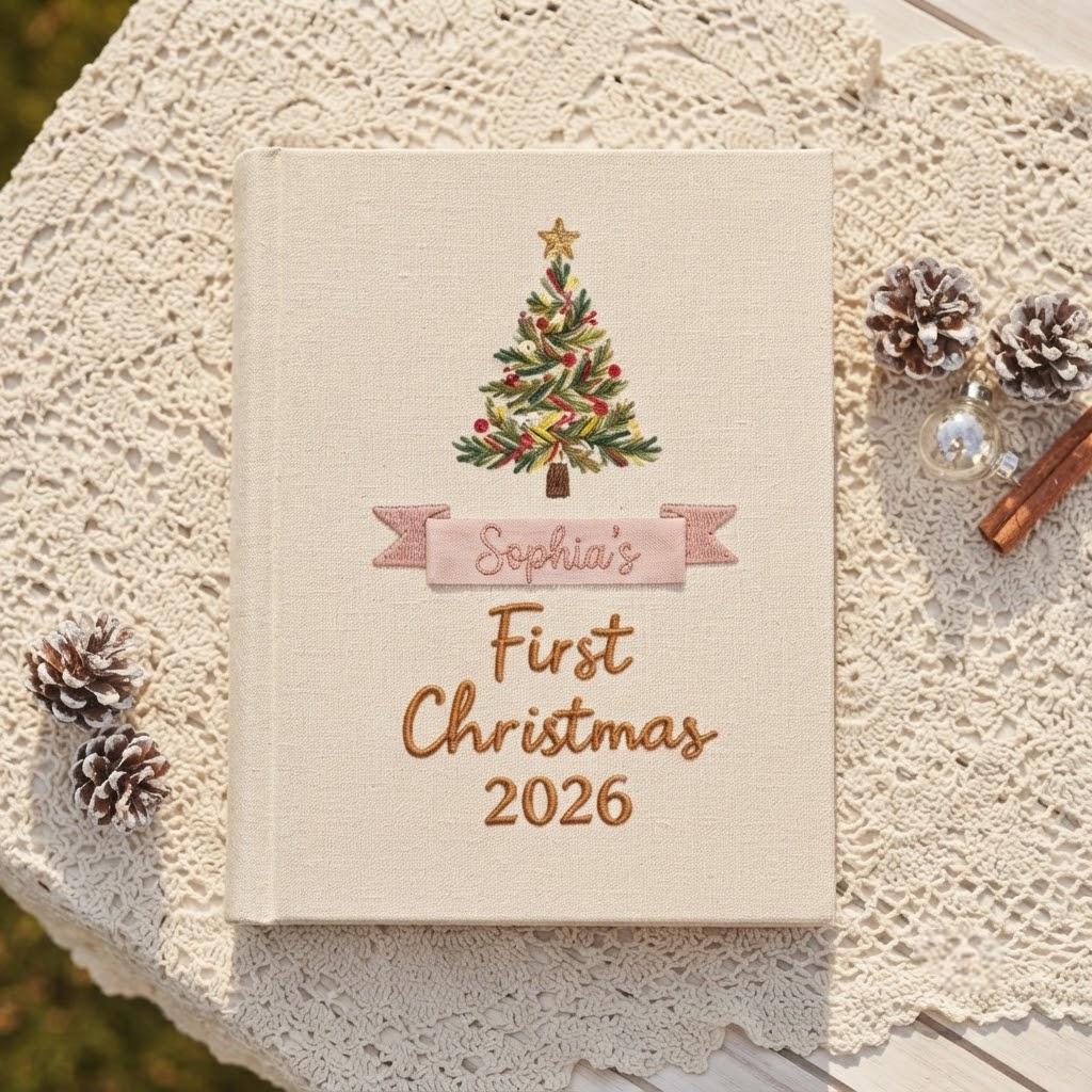 Personalized Baby’s First Christmas Photo Album, Embroidered Christmas Tree Keepsake Book