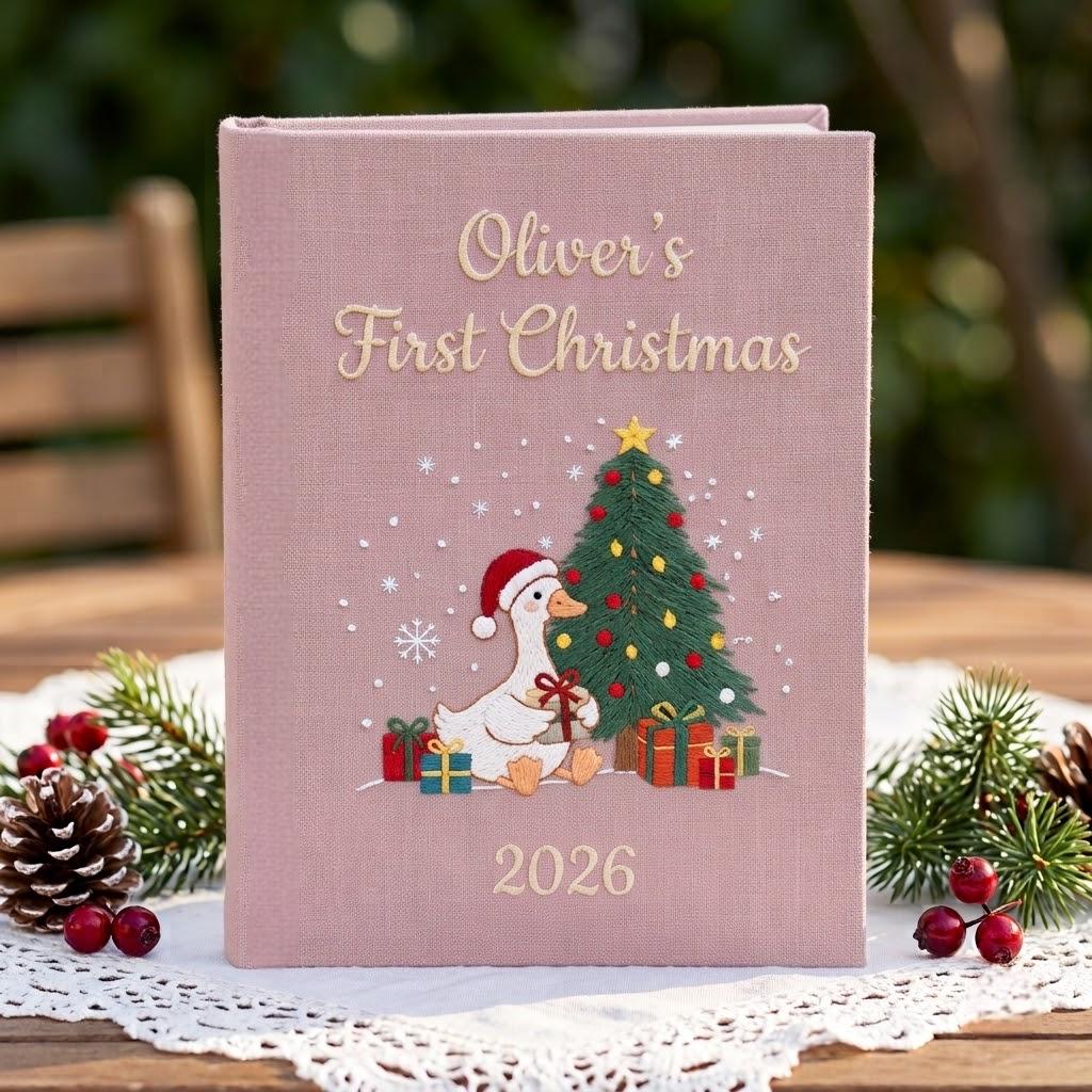 Baby First Christmas Photo Album, Custom Embroidered Santa Goose Memory Album, Newborn Holiday Keepsake Gift