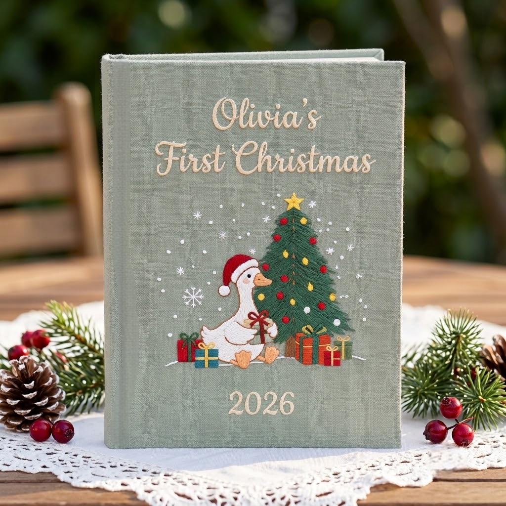 Baby First Christmas Photo Album, Custom Embroidered Santa Goose Memory Album, Newborn Holiday Keepsake Gift