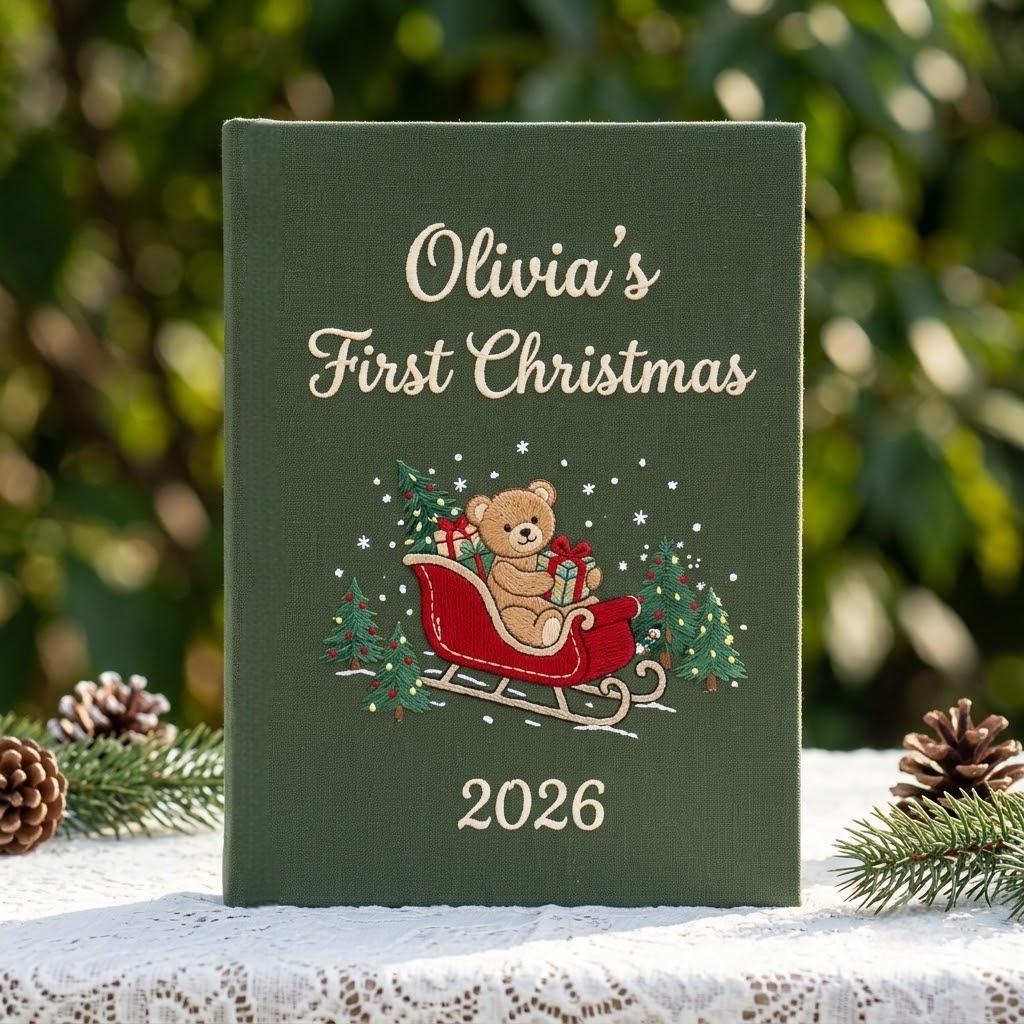 Baby First Christmas Photo Album, Custom Embroidered Name Newborn Keepsake, Teddy Bear Memory Book