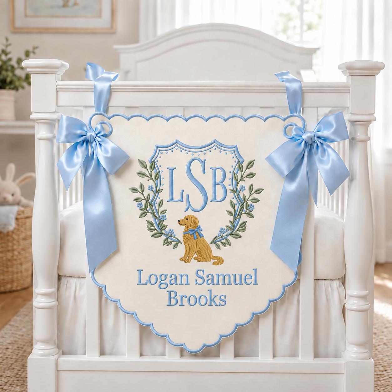 Personalized Baby Boy Crib Banner, Golden Retriever Nursery Decor, Embroidered Monogram Name Sign, Custom Baby Shower Gift