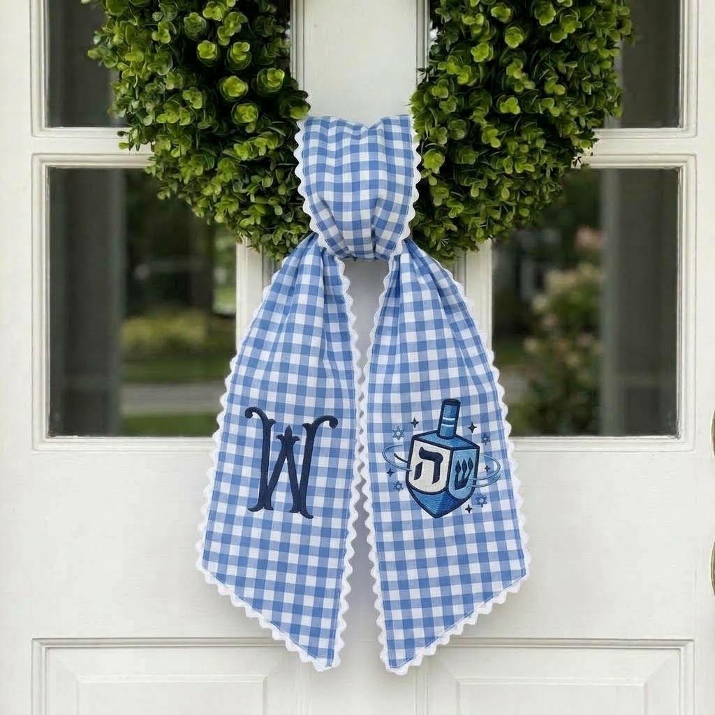 Gingham Hanukkah Wreath Sash, Custom Monogram Dreidel Door Decor, Jewish Holiday Chanukah Front Door Bow