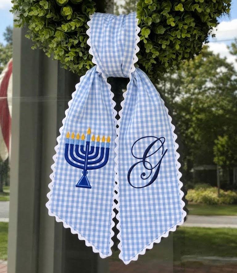 Hanukkah Wreath Sash, Custom Menorah Monogram Door Decor, Blue White Jewish Holiday Front Door Hanger, Chanukah Gift