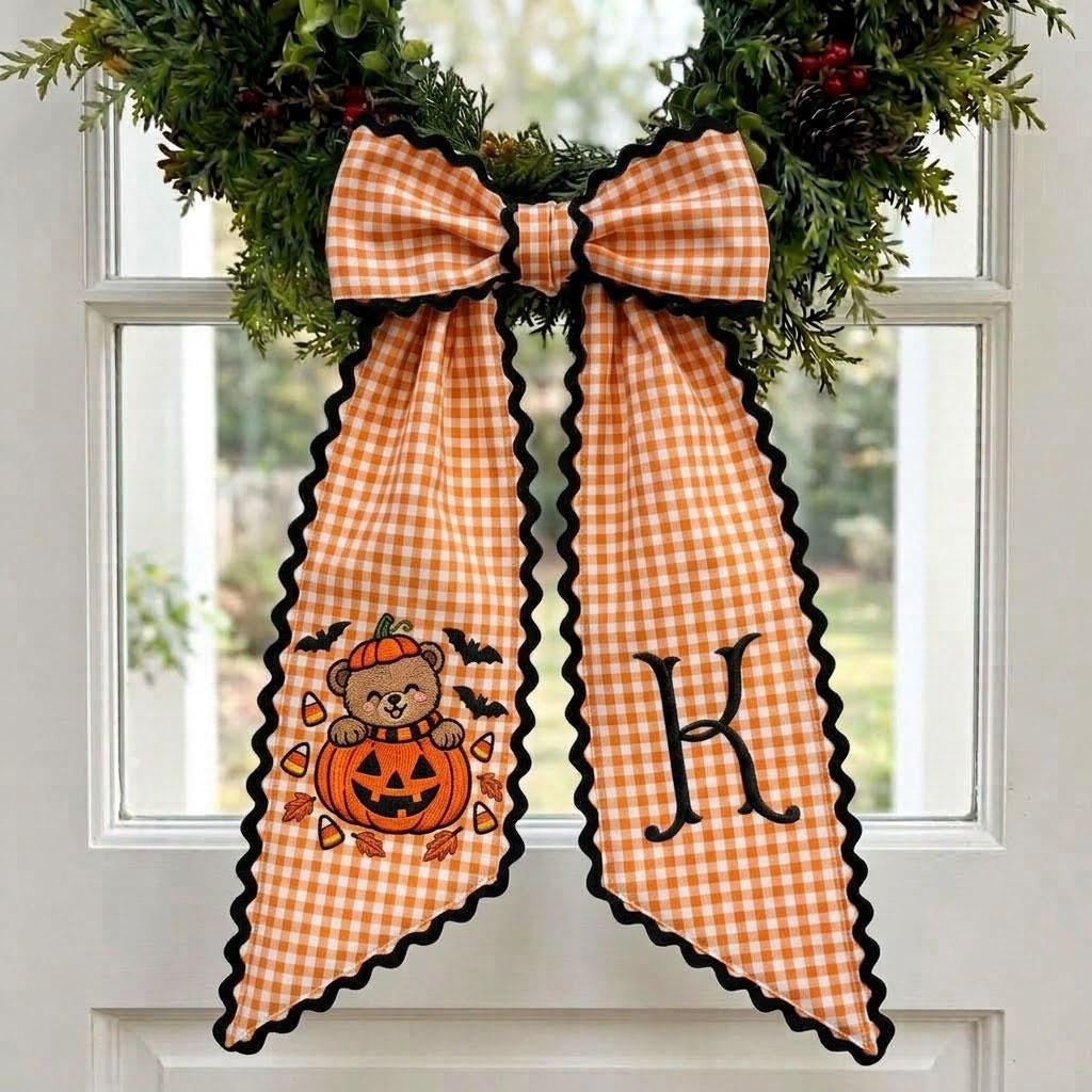 Halloween Wreath Sash Monogram Pumpkin Bear Front Door Bow Custom Fall Decor Personalized Door Ribbon
