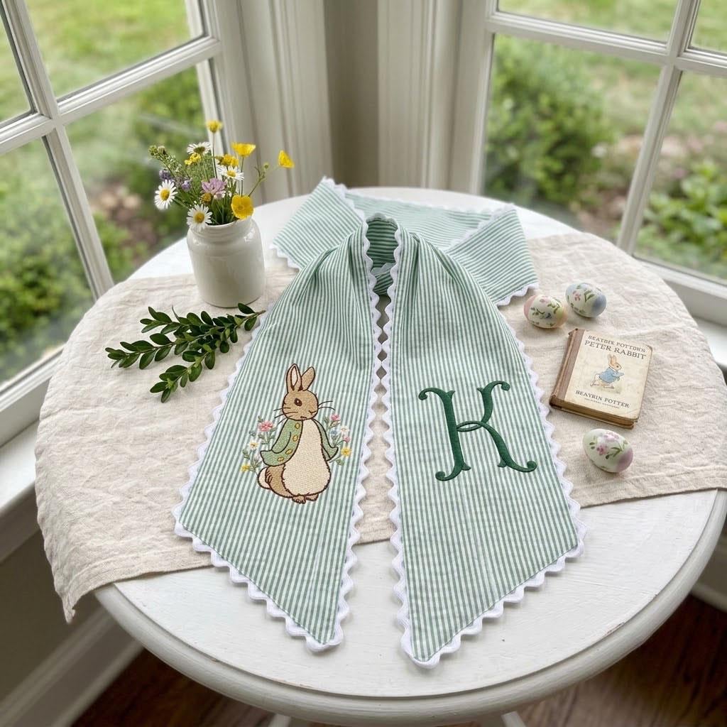 Rabbit Wreath Sash, Custom Monogram Easter Decor, Spring Door Ribbon, Nursery Decor, Embroidered Striped Bow