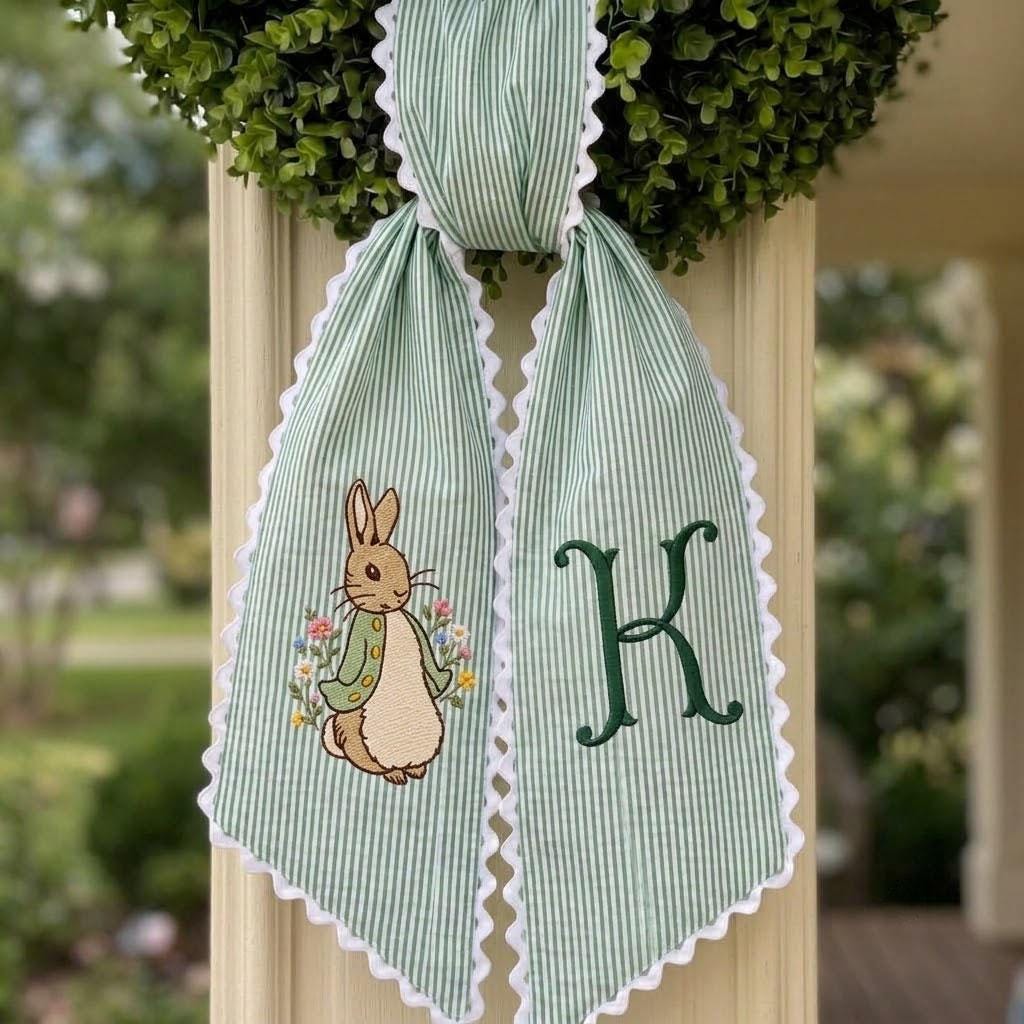 Rabbit Wreath Sash, Custom Monogram Easter Decor, Spring Door Ribbon, Nursery Decor, Embroidered Striped Bow