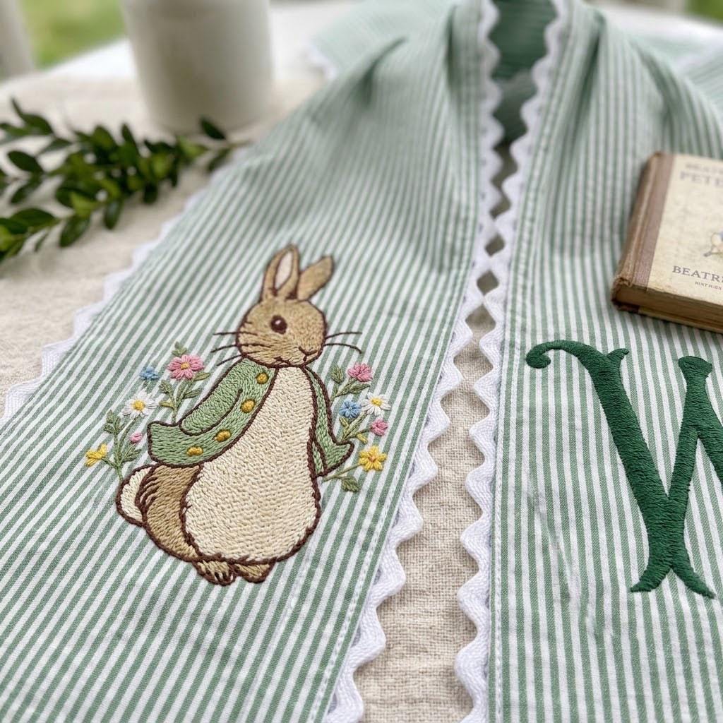 Rabbit Wreath Sash, Custom Monogram Easter Decor, Spring Door Ribbon, Nursery Decor, Embroidered Striped Bow