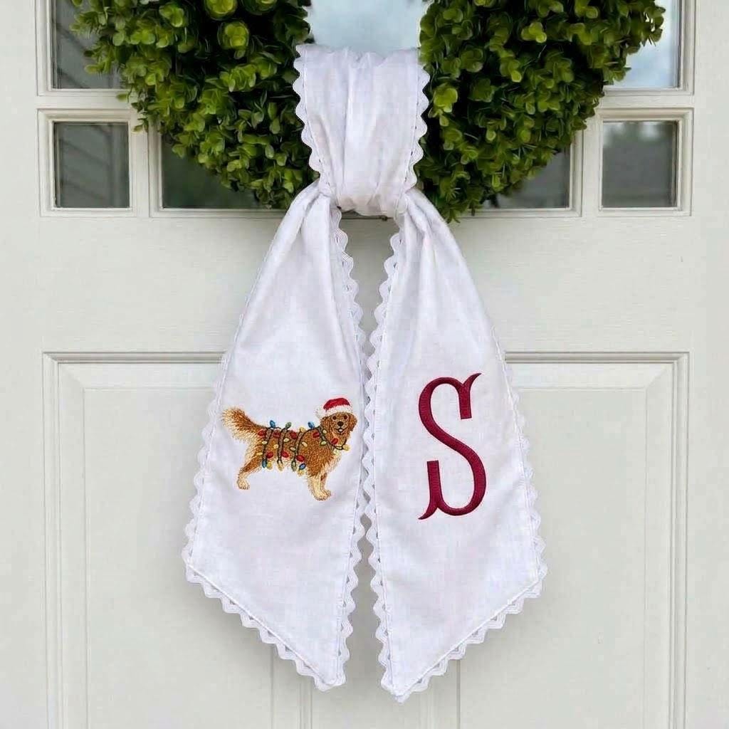 Christmas Wreath Sash Golden Retriever Custom Monogram Door Decor