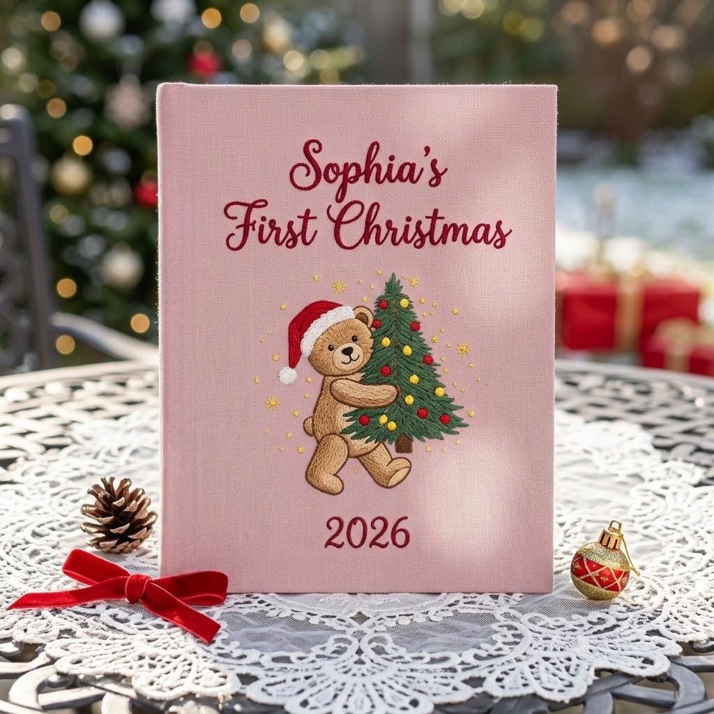 Personalized Baby’s First Christmas Photo Album, Embroidered Teddy Bear Keepsake Book, Newborn Memory Book
