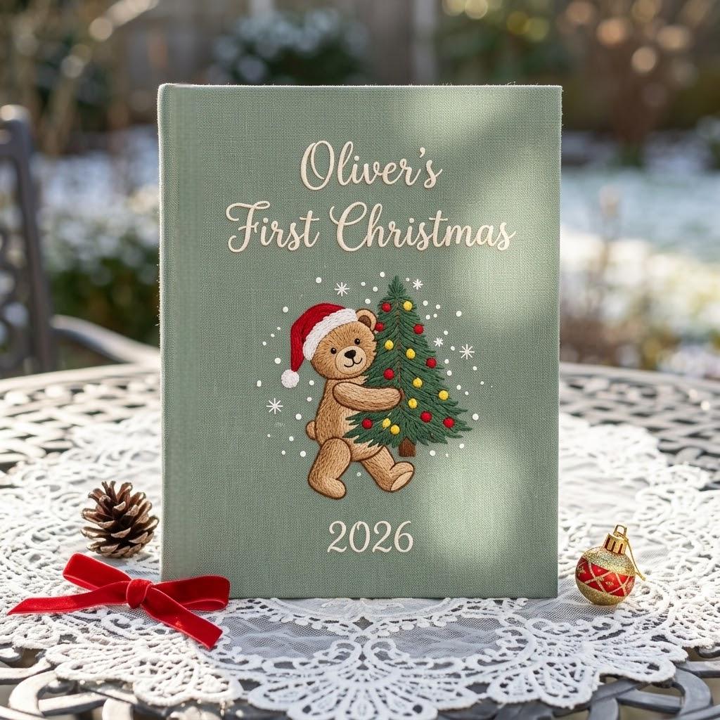 Personalized Baby’s First Christmas Photo Album, Embroidered Teddy Bear Keepsake Book, Newborn Memory Book