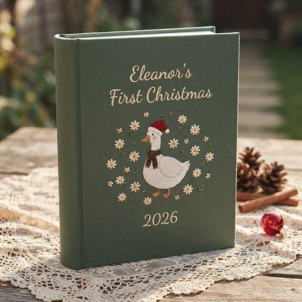 Baby First Christmas Photo Album, Custom Name Newborn Keepsake, Christmas Baby Goose Memory Book